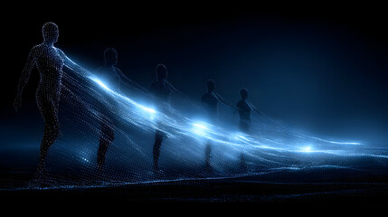 concept illustration showing flowing data streams, human figures interacting with intelligent systems, clean and professional environment