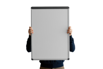 Person holding blank whiteboard sign
