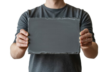 Person holding blank slate board