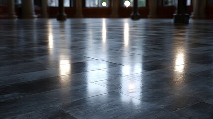 Naklejka premium Polished stone floor with bright light reflections in an elegant interior hall