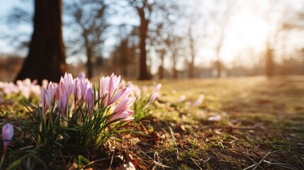 Delicate crocuses rise from the soft earth, bathed in golden sunlight as trees stand tall in the background. The scene captures the essence of spring awakening in a serene park