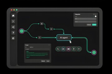 AI agent workflow automation dashboard UI design with flowchart and dark mode interface.