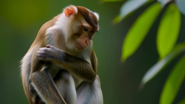 Proboscis monkey sitting above river and slowly scratching its shoulder in still air