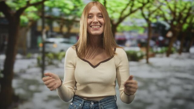 Woman smiling with hands slightly raised showing cleavage on a tree lined street wearing sweater and jeans; joyful confidence.