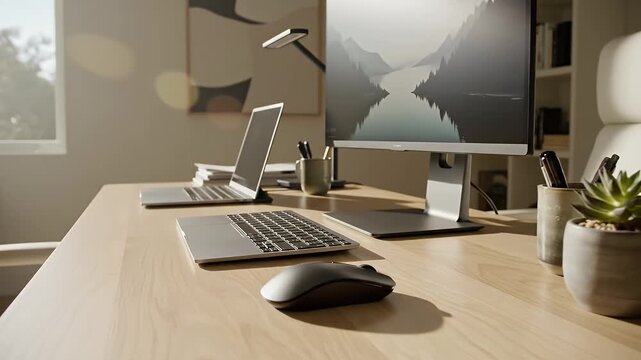A serene office workspace with a computer setup on a wooden desk, illuminated by soft natural light from a nearby window.