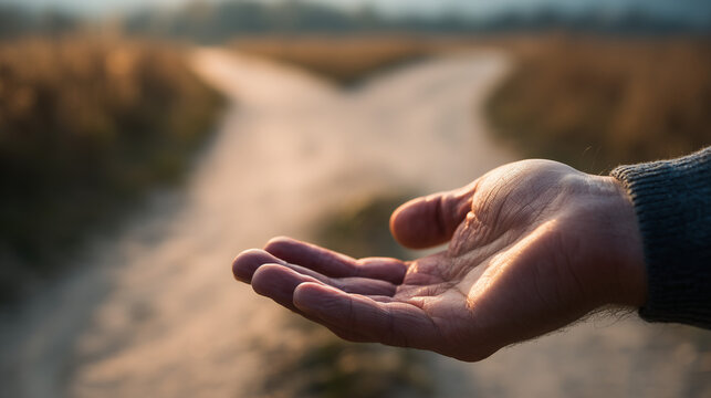 Close-up of a human hand reaching out toward a forked path, symbolizing choice, personal agency, and the courage to decide one's own future