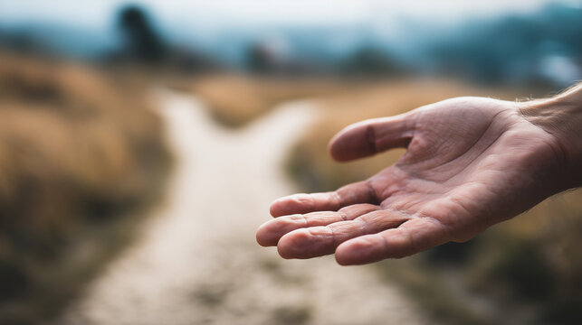 Close-up of a human hand reaching out toward a forked path, symbolizing choice, personal agency, and the courage to decide one's own future