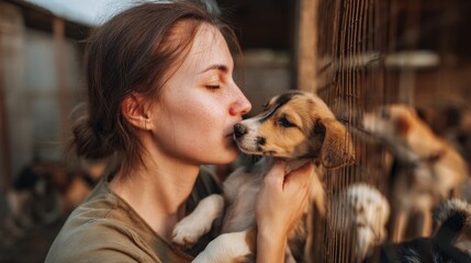 In a warm animal shelter, a woman lovingly kisses a small puppy, surrounded by other playful dogs. This heartwarming scene captures their bond and compassion for homeless animals