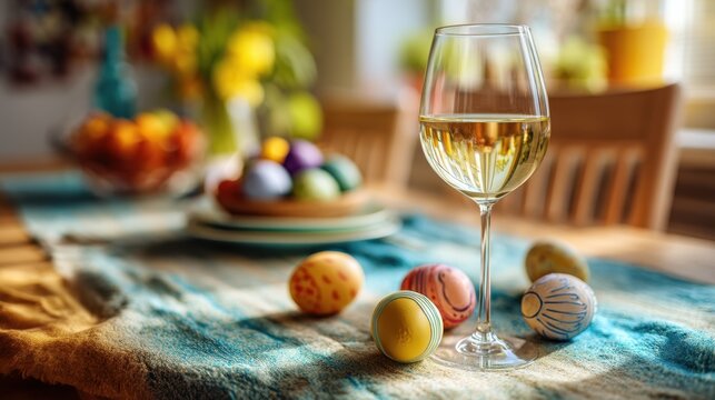 Colorful Easter Eggs and Wine Glass on a Festive Table Setting for Spring Celebrations