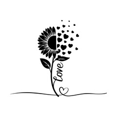 Romantic Sunflower with Hearts and Love Lettering