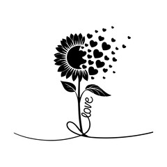 Romantic Sunflower with Hearts and Love Lettering