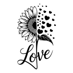 Romantic Sunflower with Hearts and Love Lettering