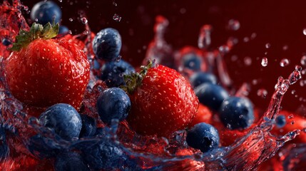 Colorful red and blue fruit juice splash with ripe strawberries and blueberries, frozen motion liquid burst illustrating freshness, antioxidant-rich fruits, and refreshing healthy drink concept