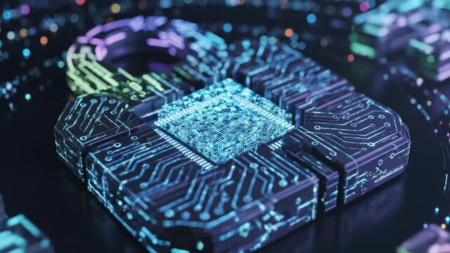 A futuristic microchip with neon-lit circuitry and a glowing blue center, surrounded by a dark, speckled background