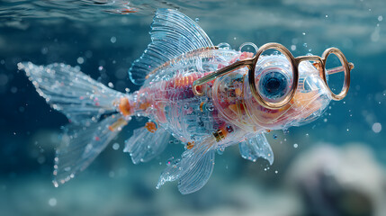 A robotic fish with glasses underwater