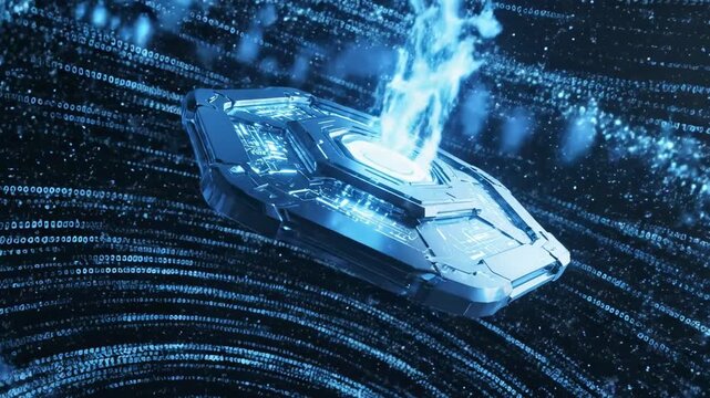 A futuristic microchip emitting a bright blue light, surrounded by a swirling pattern of light trails on a dark blue background