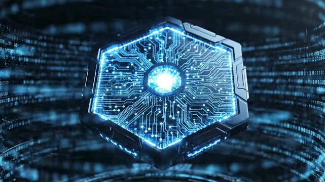 A 3D hexagonal object with glowing blue circuitry and a central light, surrounded by concentric circular patterns of binary code on a dark background