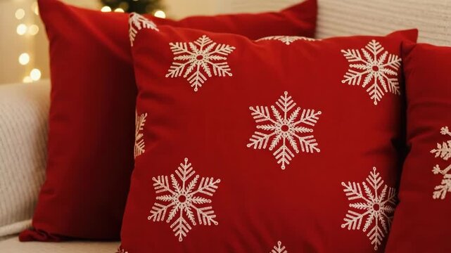 Red Christmas pillows with snowflake pattern on cozy couch. Festive home interior decoration for winter holidays. Warm living room with fireplace in background