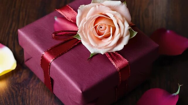 A red wrapped gift box with a rose placed on top is set among rose petals and lit candles. This setup highlights the celebration of St. Valentines Day with warmth and charm