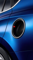 Fototapeta premium Close-up of a vivid blue car door featuring a circular fuel cap and glossy metallic panels under bright light