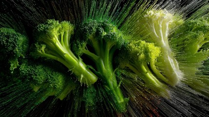 Broccoli stems with vibrant digital burst effect showcasing freshness, green vegetables, healthy diet, and modern abstract food imagery