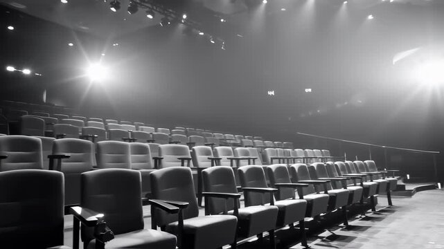 Empty movie theater seats in grayscale
