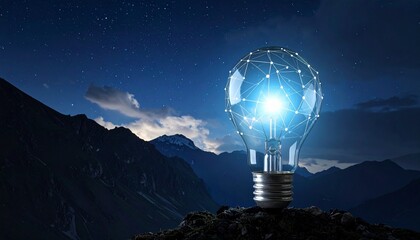 Glowing light bulb with digital network on rocky terrain under starry mountain night.