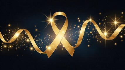 Lustrous golden ribbon with sparkling light flares on a dark background. Abstract festive design with copy space. Elegant celebration concept