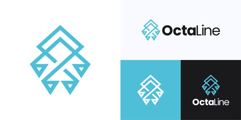 Creative monogram octopus with geometric triangle symmetric, logo icon design sign for vector element illustration, Luxury symbol monoline squid square or diamond vertical concept for brand identity
