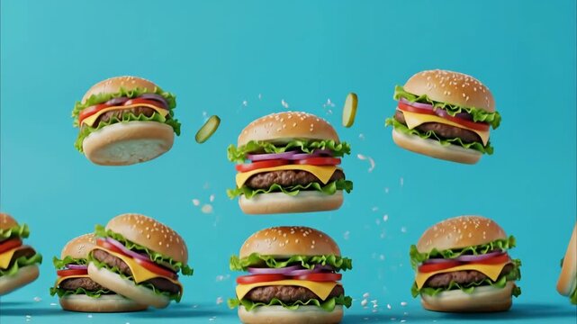 Multiple delicious cheeseburgers floating and stacked against solid blue background. Vibrant pattern of fast food hamburgers for advertising concept. Copy space for text