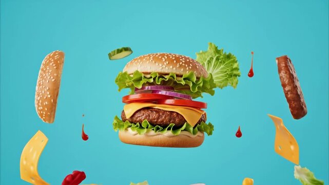 Deconstructed cheeseburger with fresh floating ingredients. Exploded view of classic hamburger on blue background with copy space