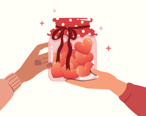 vector illustration of a hand holding a glass jar with reed hearts inside jar. Anniversary Giving love and surprise a couple.