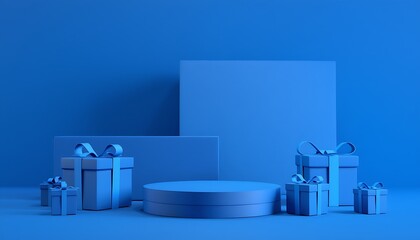 Monochromatic blue festive gift boxes arranged around a central display podium for product presentation