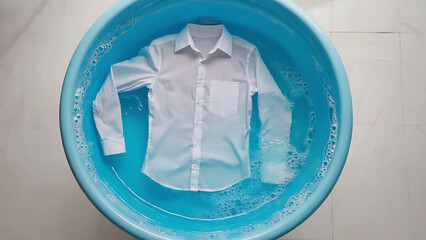 A white casual shirts washed in a blue detergent basin and water flowing around it. Laundry and household concept
