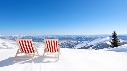 Scenic winter mountain view with red striped deck chairs on snowy slope