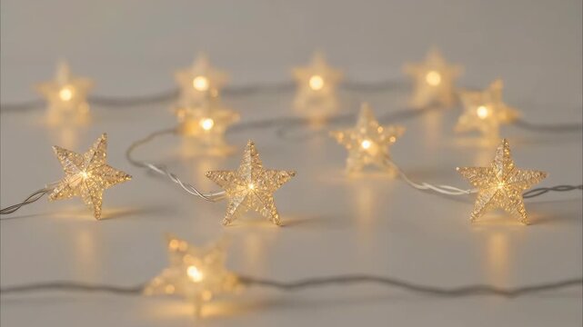 Glowing star-shaped string lights on white background. Festive Christmas and New Year decoration with warm bokeh effect