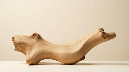 A naturally sculpted piece of driftwood, light beige in color, rests gracefully on a minimalist off-white surface, against a muted background, evoking a sense of tranquility and natural beauty.
