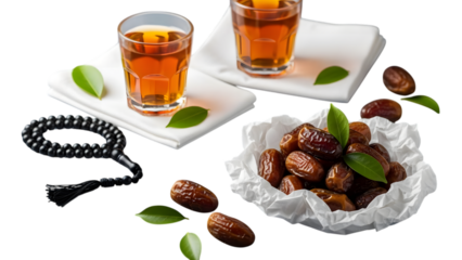 Ramadan Iftar Still Life with Dates Tea and Prayer Beads on White Background