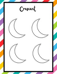 Preschool & Kindergarten cresent  Shapes Practice Worksheets &ndash; Trace, Identify and Color