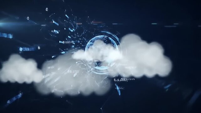 Clouds and digital elements merge in a futuristic visual representation