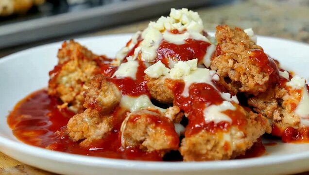 Delicious homemade chicken parmesan nuggets with marinara sauce and melted mozzarella cheese.
