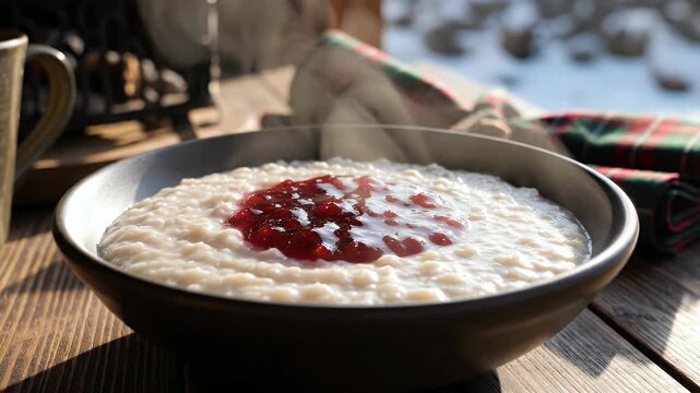 A bowl of hot porridge with jam for breakfast