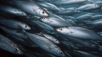 Obraz premium A detailed shoal of many small silver fish swimming in synchronized motion underwater in the ocean