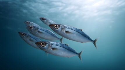 Fototapeta premium A school of sleek silvery fish glides through clear blue ocean water illuminated by sunlight from above