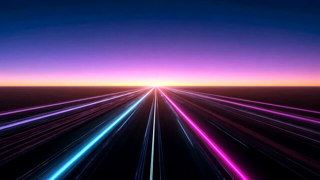 Abstract horizon view with converging luminous trails against a dusky, atmospheric gradient backdrop