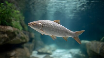 Fototapeta premium A single silvery fish swims gracefully in clear blue underwater water with rocks and plants in the background