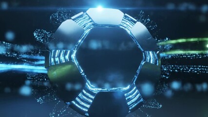 A soccer ball with glowing blue lines and a bright light on top, surrounded by digital particles and a dark background - Powered by Adobe