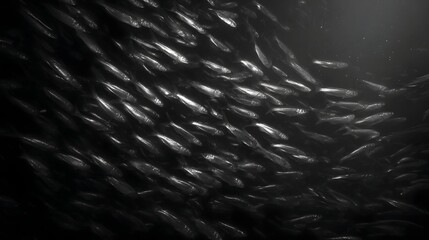A dense monochrome shoal of fish swims in synchronized motion underwater illuminated by soft light