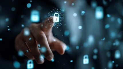 A hand touching a glowing padlock in a sea of other, smaller padlocks. Conceptual cybersecurity illustration