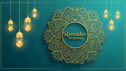 Golden ramadan mubarak greeting with elegant lanterns and intricate mandala on teal background